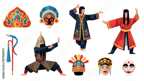 Traditional asian dance costumes and masks in geometric art style