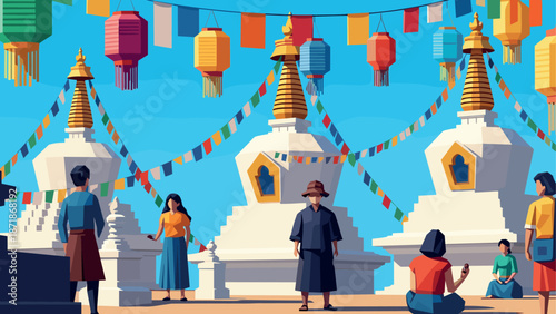 Colorful festival in traditional asian temple with lanterns and prayer flags