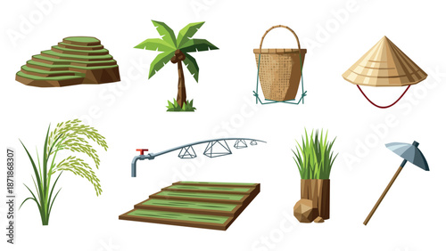 Rice farming elements set in modern flat style with agriculture tools and nature icons