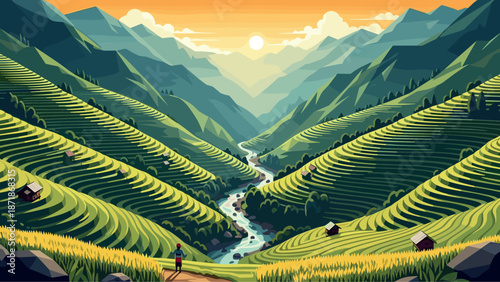 Serene sunrise over verdant terraced fields with wanderer in the mountains