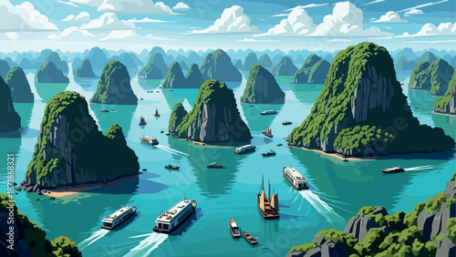 Scenic seascape with boats navigating through lush limestone islands