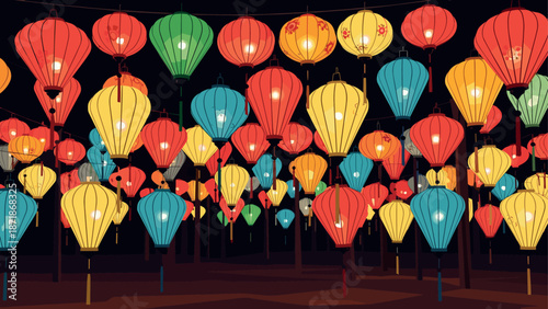 Colorful festival lanterns lighting up the night sky