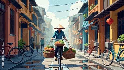 Vibrant asian market street scene with cyclist and colorful baskets