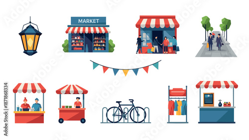 Outdoor market scene with stalls and shoppers in flat style