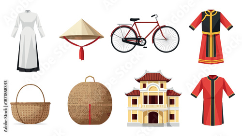 Traditional vietnamese elements including ao dai, conical hat, and architecture
