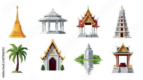 Traditional thai architecture and landmarks with temples and pagodas
