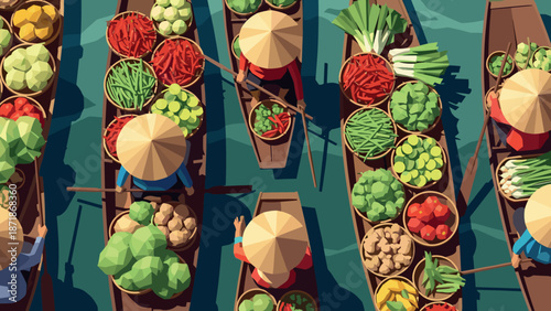 Floating market boats with fresh produce in aerial view art