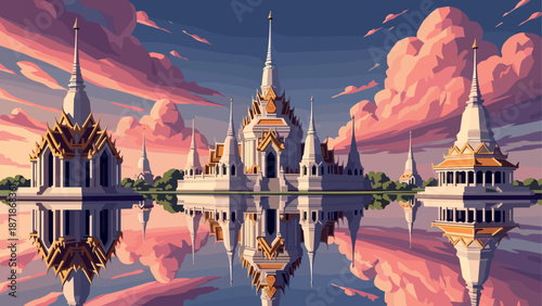 Majestic thai temple reflections at sunset with pink clouds