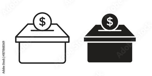 Donation box icons line and solid version, outline and filled vector design set