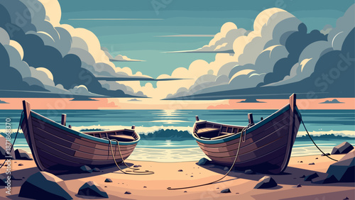 Peaceful beach sunrise with boats and dramatic clouds in retro style