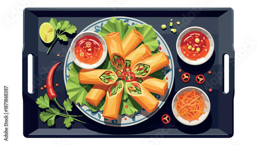 Colorful spring rolls platter with traditional dipping sauces on tray