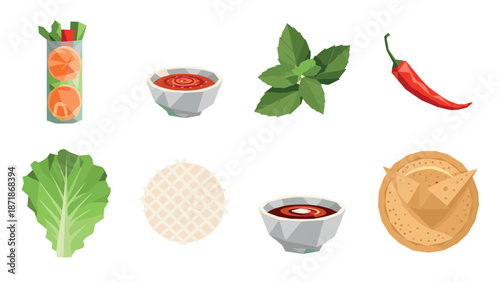 Colorful assorted vietnamese cuisine elements with fresh ingredients