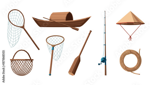 Traditional fishing tools set with boat and hat on white background