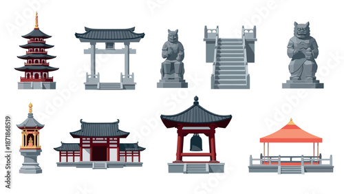 Traditional asian architecture elements featuring pagodas and temples in vibrant 3d style