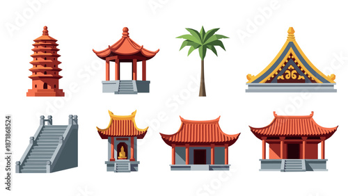 Traditional asian architecture set featuring pagoda, pavilion, palm tree, and roof structures