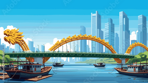 Golden dragon bridge over river with boats and city skyline in vibrant style