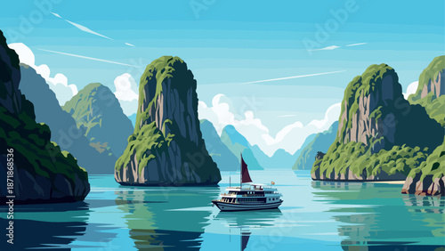 Serene cruise through lush limestone islands in tranquil waters under blue sky