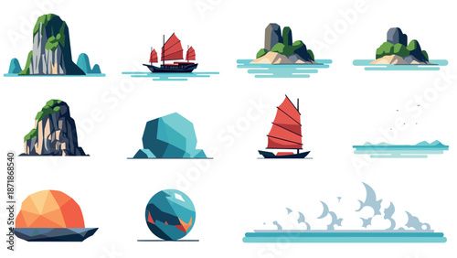 Geometric coastal landscapes with low poly islands and ocean elements