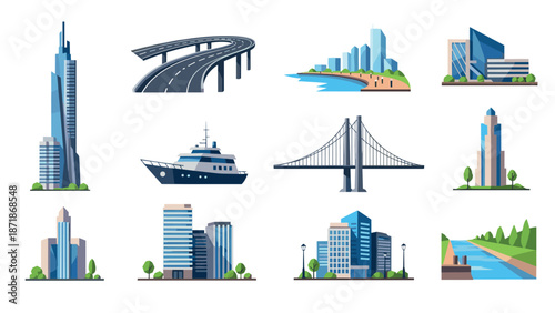 Modern urban and seaside architecture collection featuring skyscrapers, bridges, and landscapes