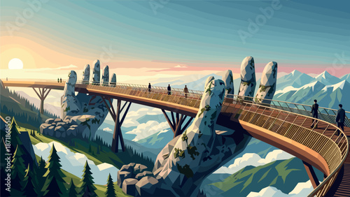 Majestic sunrise over bridge held by giant stone hands amidst mountains