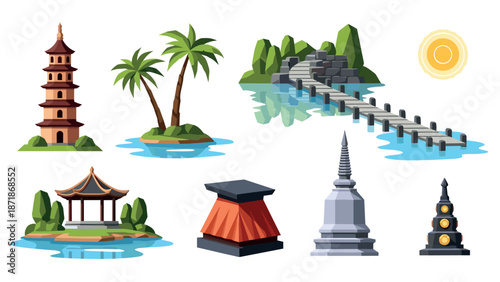 Cultural architecture icons: asian temples and landscapes in a flat style