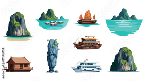 Scenic coastal elements with boats and tropical rock formations