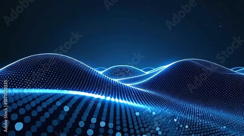 Abstract blue digital waves composed of glowing dots flow across a dark background, representing data, technology, and futuristic concepts with a dynamic visual effect.