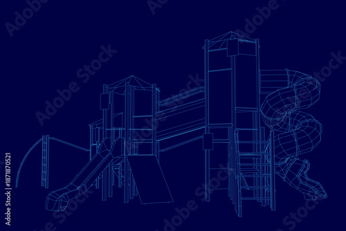 A wireframe blueprint of a kids playground features a slide and climbing frame on a clean blue background.