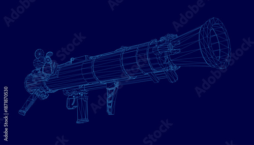A detailed 3D wireframe model of a hand-held grenade launcher blueprint on a blue background. The intricate lines and curves create a realistic technical schematic.