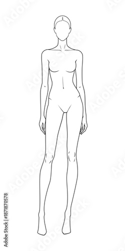 Faceless Female Fashion Figure Technical Croquis. 10-Head Woman’s Body Template for Fashion Illustration. Front View. Neutral Pose. CAD Mockup.