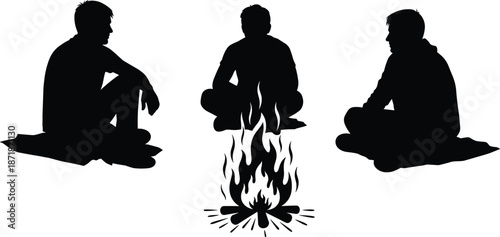 Black silhouette illustration of three men sitting around campfire symbolizing friendship conversation teamwork outdoor camping minimal vector art
