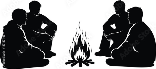 Black silhouette illustration of friends sitting around campfire symbolizing teamwork, conversation, storytelling, outdoor camping, minimal vector design concept art graphic