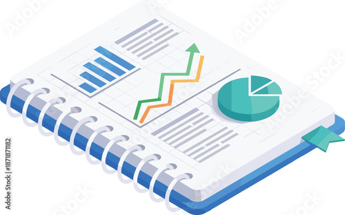 Business analytics notebook illustration with charts and graphs, data analysis growth concept, financial reporting dashboard, modern isometric vector design