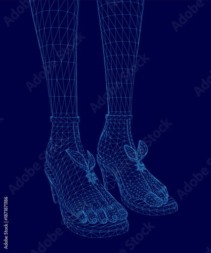 A blue 3D wireframe model of a woman's legs and shoes stands against a matching blue background.