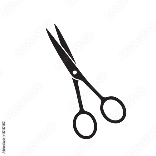 Sharp metal scissors with open blades depicted in a clean black silhouette ready for precise cutting in various applications