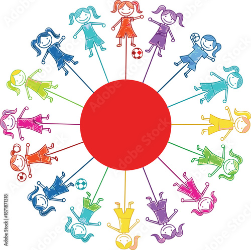 Colorful children stick figure illustration forming circular unity around red center symbolizing diversity teamwork friendship play education and global connection