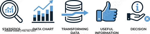 Data analytics process illustration showing statistics charts transforming data into useful information supporting informed business decision making strategies