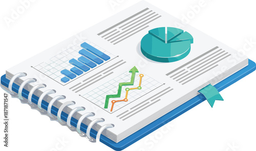Isometric business analytics notebook with charts and graphs, financial data analysis concept, growth trends, modern reporting vector illustration
