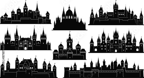 Medieval castle silhouettes collection featuring fantasy fortresses skylines for fairytale architecture, history, kingdom, vector illustration design elements set
