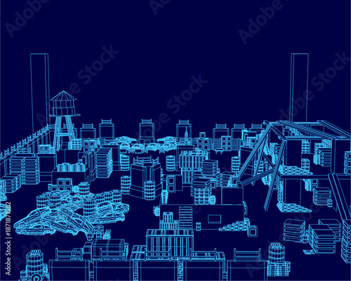 Low poly blueprint map of a futuristic industrial cityscape, featuring geometric building assets and contour lines on a dark blue background. This conceptual design visualizes urban planning.