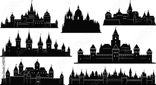Medieval castle silhouettes collection showcasing fantasy fortresses skylines for fairytale architecture history kingdom vector illustration design set elements background