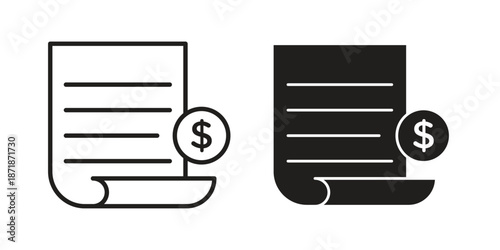 Invoice payment icons line and solid version, outline and filled vector design set