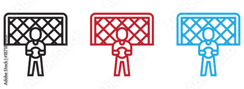 Goalkeeper standing in front of goal net holding ball icon in various colors
