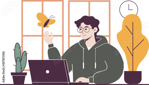 Creative freelancer working from home with inspiration butterfly flat vector illustration