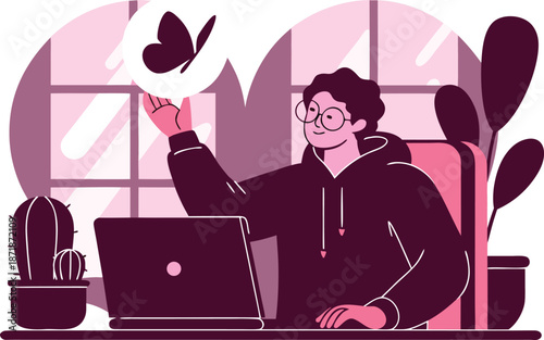 Creative freelancer working on laptop inspiration idea flat vector illustration