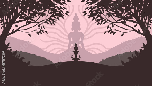 Silhouetted figure meditating under a canopy of trees Vector