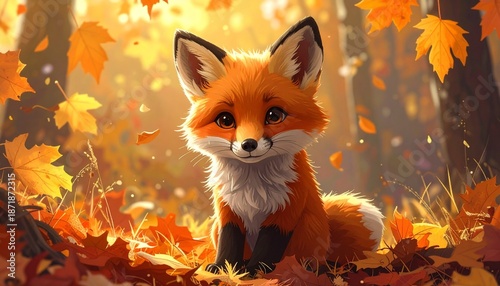 Charming Fox Cub Amidst Autumn Leaves - A Delightful Forest Scene.