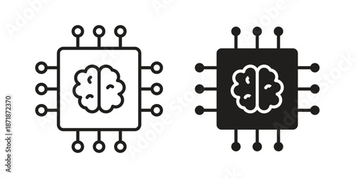 Machine learning icons line and solid version, outline and filled vector design set