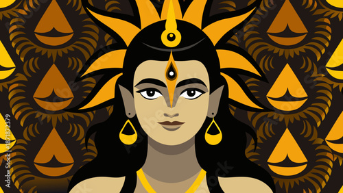 Divine radiance of the sun goddess amidst celestial symbols Vector