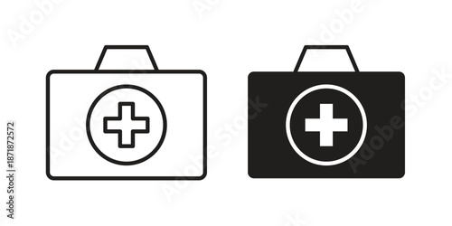 Medical kit icons line and solid version, outline and filled vector design set